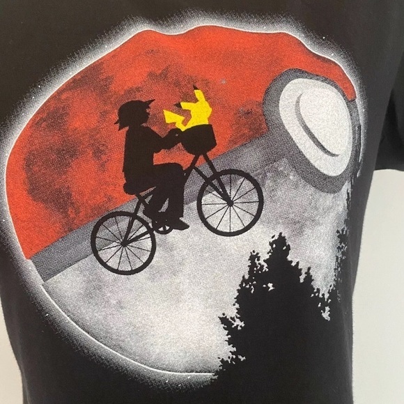 Teefury Mashup ET Pikachu Black Fitted Graphic T-Shirt 3XL Stretch Cotton New - Picture 2 of 5